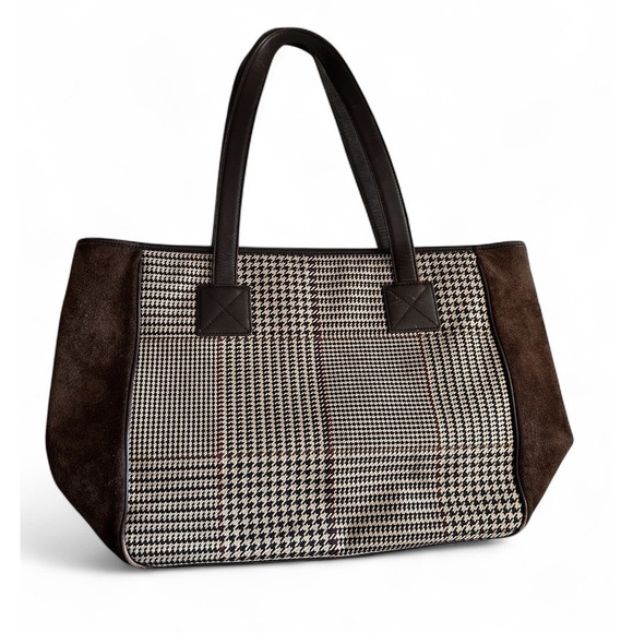 Lauren Ralph Lauren Handbags - Vintage Lauren Ralph Lauren Brown Suede Leather Tote Bag  Houndstooth Plaid Y2K
